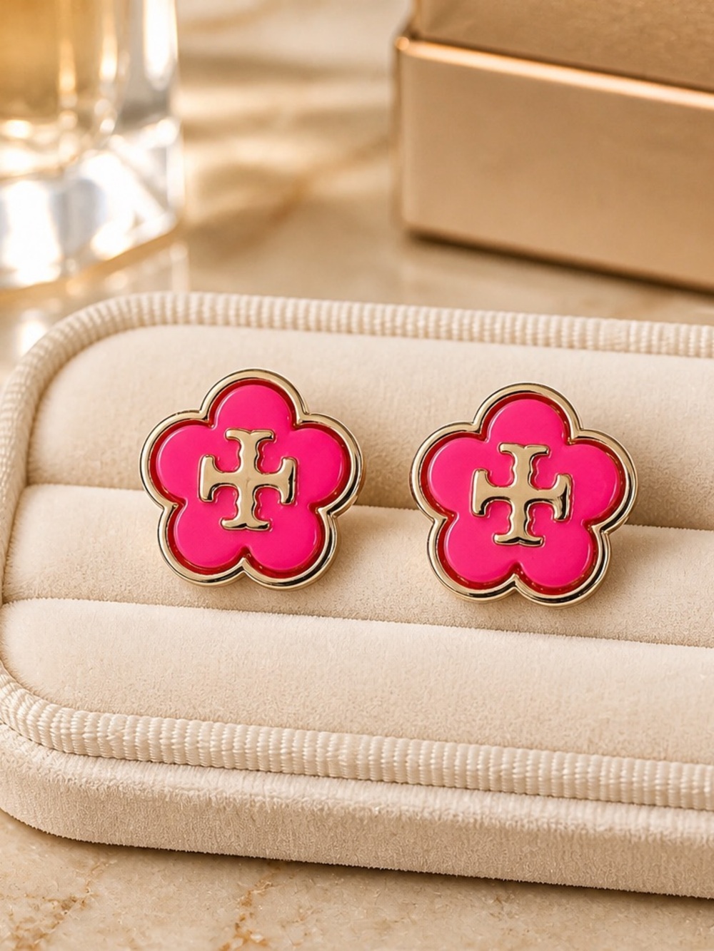 Tory Burch Hot Pink Enamel Flower Logo Stud Earrings- New!